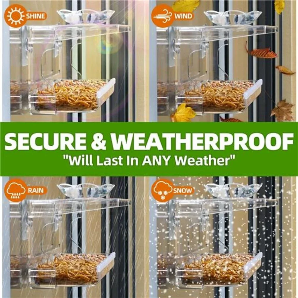 Window Bird Feeder with Non-Marking Self-Adhesive Hooks, Clear and Transparent